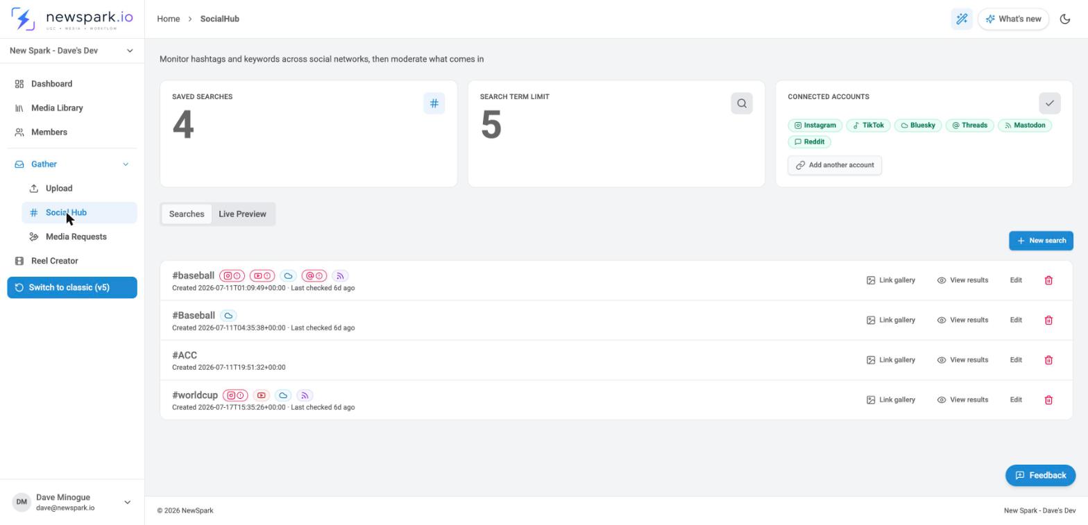 NewSpark SocialHub screen showing saved hashtag searches and connected Instagram, TikTok, Bluesky, Threads, Mastodon, and Reddit accounts